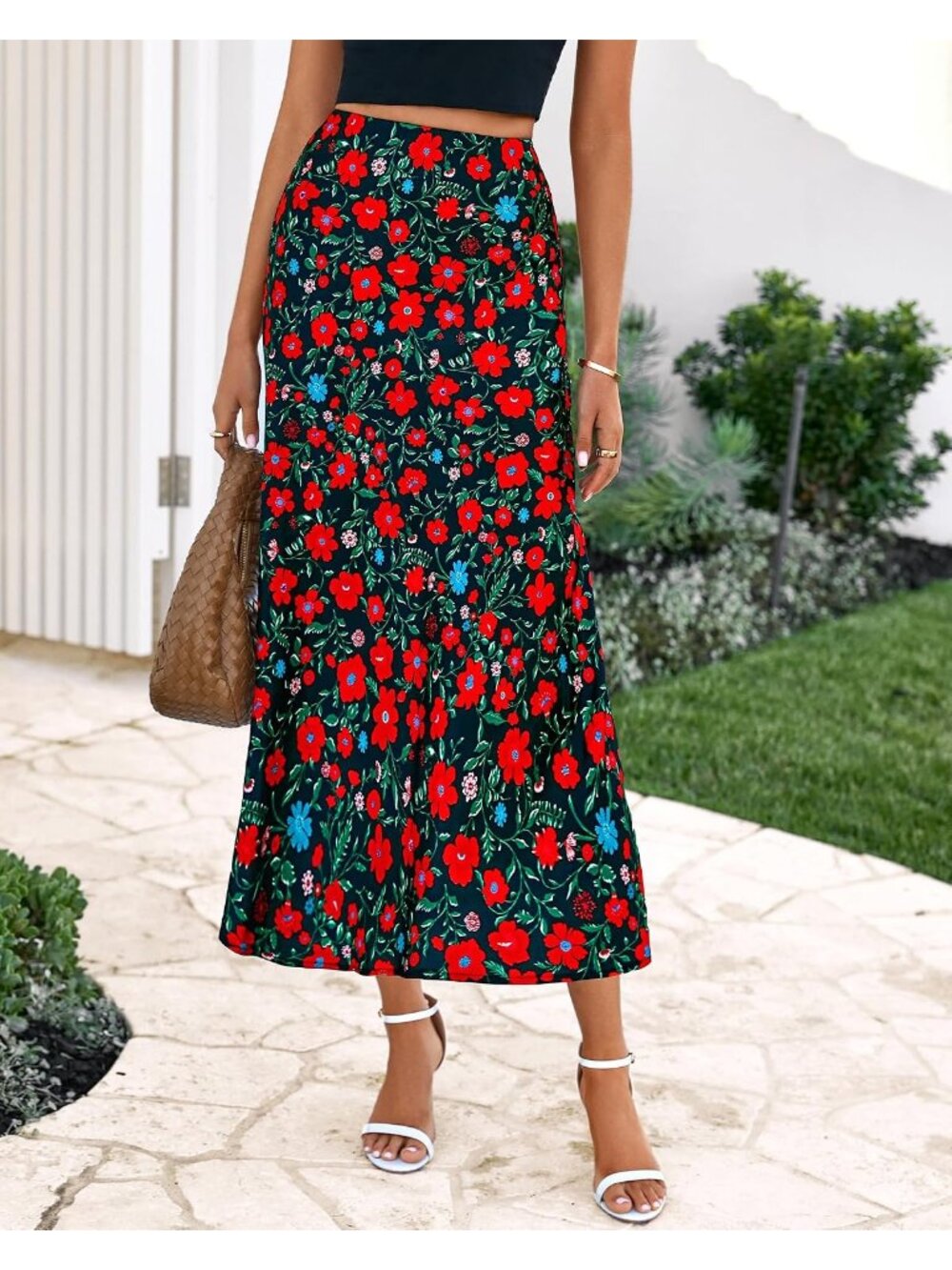 Women Floral Black Red High Waisted A-Line Silky Flowy Bias Cut Satin Midi Skirt - Picture 6 of 6